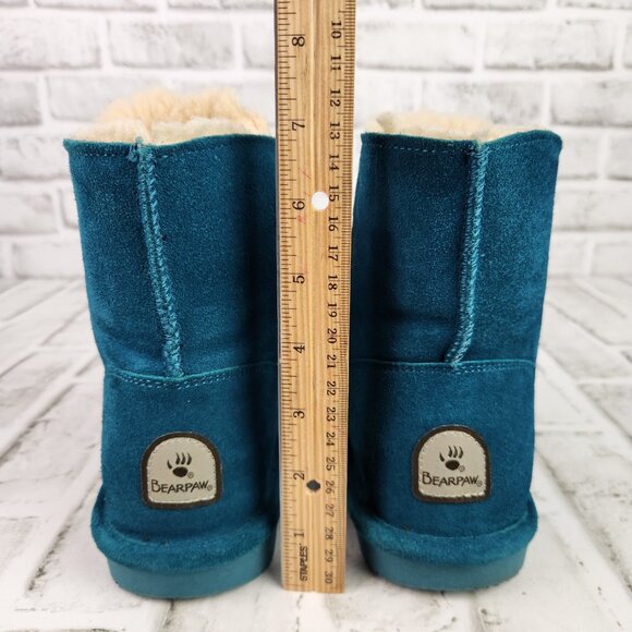 Bearpaw Christie Women's Sz 7 Teal Blue Suede Wool Sheepskin Footbed Ankle Boots - Picture 5 of 12
